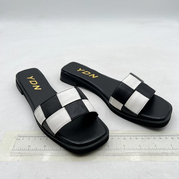 YDN Black Open Square Toe Slip On Slides Sandal Checkered Block Low Heel Slipper - Picture 4 of 8